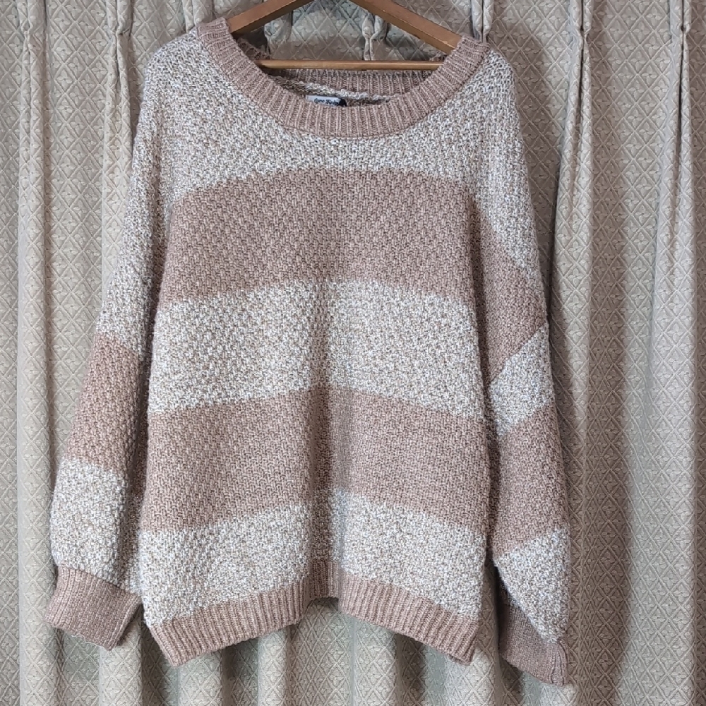 NWT Women's Size 2X Love Knits Oversized Brown White Gold Stripped Sweater